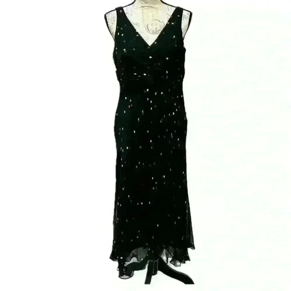 Anne Klein Silk Sleeveless Ruffle Front Slit Midi Dress Black w/Dots Sz 10